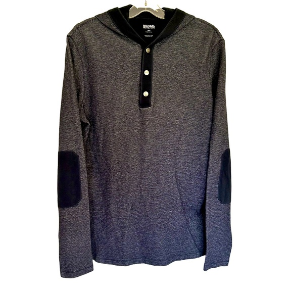 Michael Kors | Navy Blue Snap Down Hooded sweater with elbow patches Size M - Picture 1 of 9